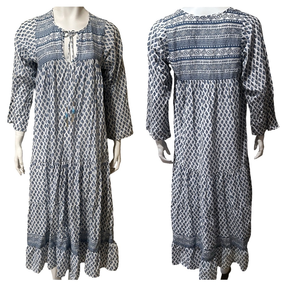 ZARA Bohemian White Blue Paisley Print Maxi Kaftan Boho Dress SIZE:SMALL - Picture 2 of 4
